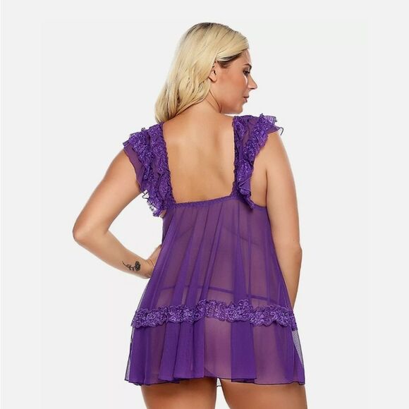 Plus Size 👅Sexy Lingerie Lace Deep-V Nightgow - Picture 4 of 4